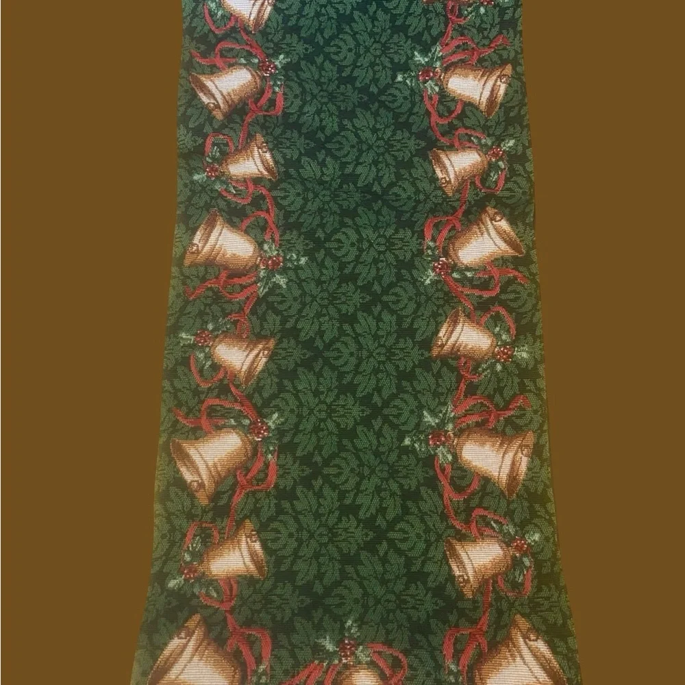 Textured Woven Festive Green Table Runner with Bells